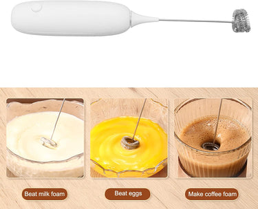 The Handheld Frother – Whip It Real Good ☕⚡ with a metal frothing head is shown above three images showcasing its uses: whipping milk foam, beating eggs, and making coffee foam.